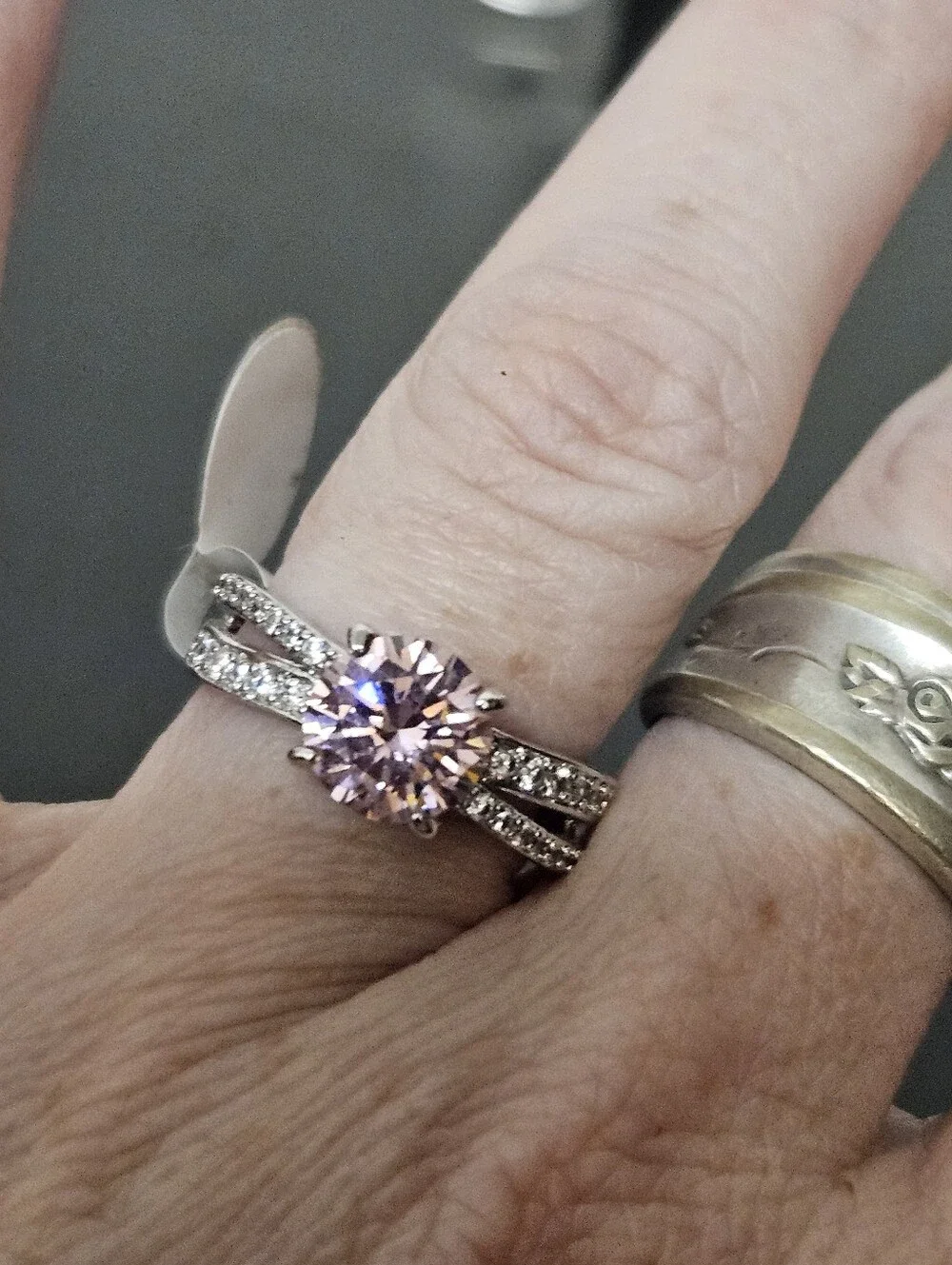 Silver Ring Round Pink CZ Main Stone Prong Setting Style Women Jewelry
